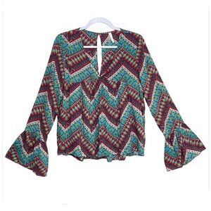 Roper Boho Rodeo Turquoise Colorful V-Neck Top Bell Sleeve Hippie Western Size L